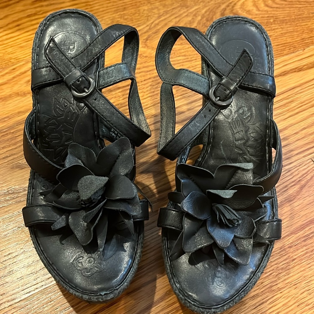 Born Shoes | Born Black Leather Platform Heels With Flower